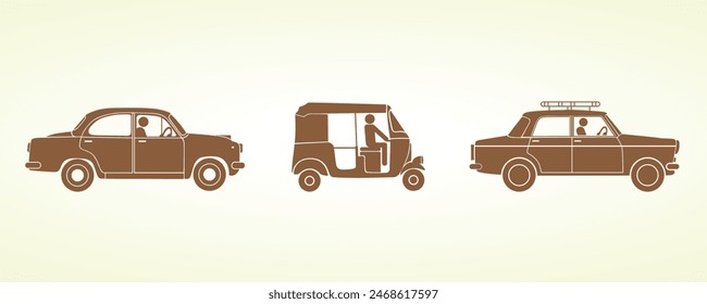 Collection of vector illustrations. Vintage vehicles of India.