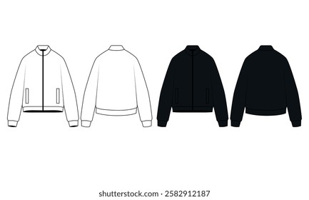 Collection of vector illustrations of white and black zipper jacket, front and back view. Sketch of fashionable bomber oversize jacket. Technical drawing of outerwear for sports and casual wear.