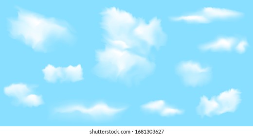 collection of vector illustrations of white realistic clouds on blue background