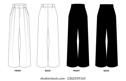 Sammlung von Vektorgrafiken von breiten Hosen mit Taschen und Taschen, weiß und schwarz Farben. Technische Skizze von Hosen mit Hosenband, Vorder- und Rückseite. 