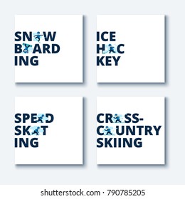 Collection of vector illustrations of winter games. Names of winter sports.