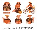Collection of vector illustrations with woman, man, old woman, old man, farm workers, who harvesting crop. Set of cute kawaii cliparts with cartoon people with bicycle, basket full of pears and apples
