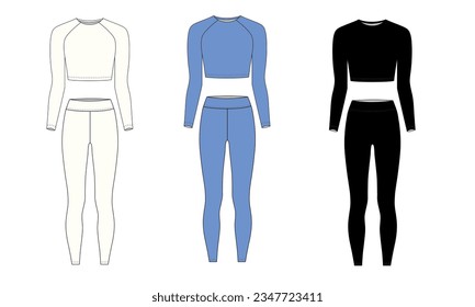 Collection of vector illustrations of women's suits for sports. A set of long-sleeve crop top and high-rise leggings. Sports top and trousers in white, blue, black.