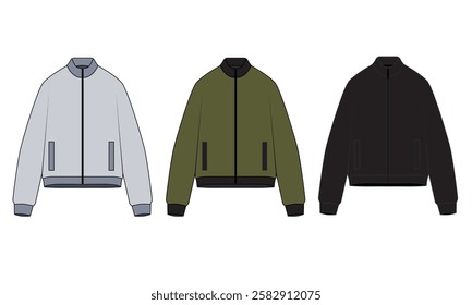 Collection of vector illustrations of zipper jacket in gray, green, black colors. Sketch of stylish bomber jacket oversize. Technical drawing of outerwear for sports and casual wear.