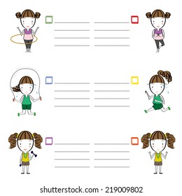 collection vector illustrator of girl cartoon sport and frame text on white background
