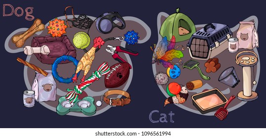 Collection of vector images of accessories for cats and dogs. Set of items for pet care. Assortment of goods for the pet shop.