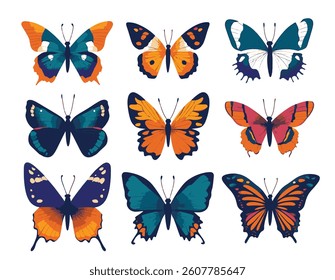 Collection of vector images of beautiful butterflies.	