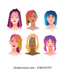 Collection of vector images of beautiful and different women on a white background.