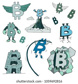 a collection of vector images of bitcoins in different ways