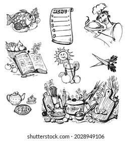 Collection of vector images for cooking. For design of menus, labels, packaging, decoration of a cafe, restaurant.
