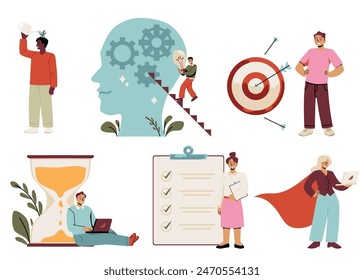 A collection of vector images dedicated to improving the skills of young people, depicting a girl and a guy with laptops, demonstrating the achievement of goals