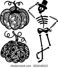 Eine Sammlung von Vektorbildern zu Halloween.  Skelett, Kürbisse. Design-Element, Clipart-Kunst