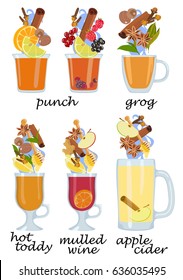 Collection of vector images of heated cocktails and their composition from alcoholic beverages and ingredients: spices and fruits with berries. Warming cocktails. Ingredients in the cocktail.