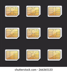 collection of vector images of nano SIM cards with different chips