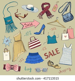 
Collection of vector images on the theme of summer women's clothing, seasonal discounts