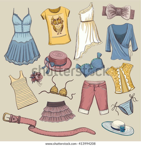 \
Collection of vector\
images on the theme of summer women\'s clothing. Colored sketches on\
a beige background\

