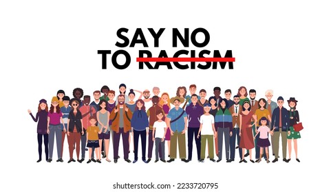 collection of vector images of people, women, men, gathering, with text, top view. perfect for backgrounds, social media, and support for the say no to racist movement