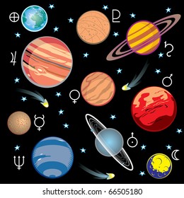 collection of vector images of planets in the solar system with graphical symbols