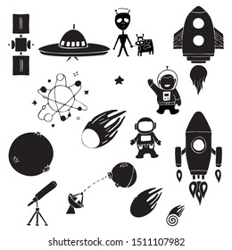 Collection of vector images of silhouettes on the theme of space on a white background. Suitable for use in logos, posters and more.