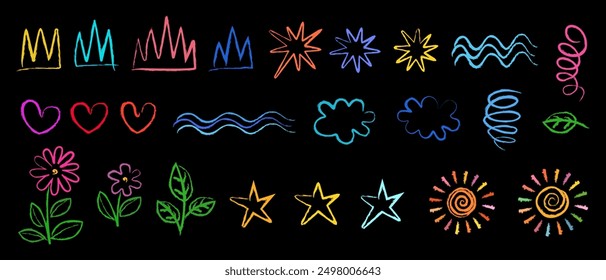 Collection of vector images stylized as children's drawings. Doodles in childish girly style. Color drawings on black background. Crowns, clouds, sun, stars, flower, heart and water. Set