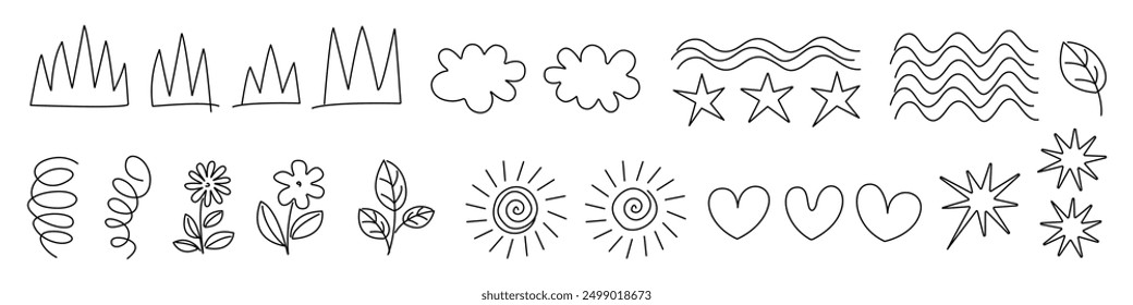 Colección de Imágenes vectoriales estilizadas como dibujos infantiles. Garabatos en estilo infantil femenino. Dibujos de contorno aislados en blanco. Coronas, nubes, sol, estrellas, flores, corazón y agua. Conjunto