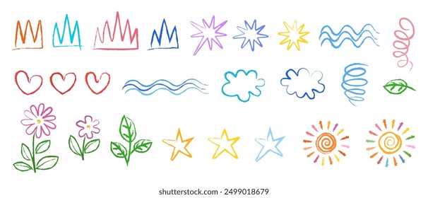 Collection of vector images stylized as children's drawings. Doodles in childish girly style. Color drawings isolated on white. Crowns, clouds, sun, stars, flower, heart and water. Set