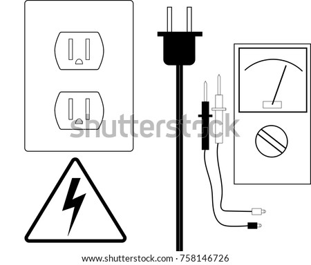 Collection of vector images. Three prong electrical outlet, high voltage warning sign, cord plug in, voltmeter with probes or leads.