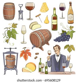 Collection of vector images of wine and wine making . Isolated objects on a white background