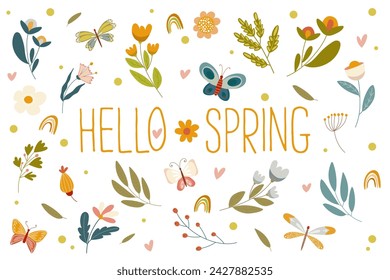 Collection vector individual elements. Hello spring hand drawn set of colorful flowers, leaves branches and butterflies, flat icons. Illustration vor greeting card, social media, textile