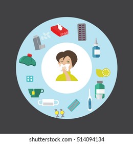 Collection of vector influenza and cold themed design elements in trendy flat design. Ideal for health and medical flu season themed infographics, web, brochures and other printables
