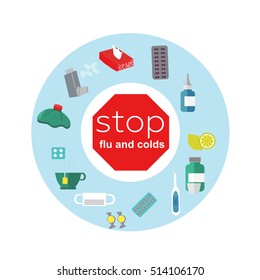 Collection of vector influenza and cold themed design elements in trendy flat design. Ideal for health and medical flu season themed infographics, web, brochures and other printables