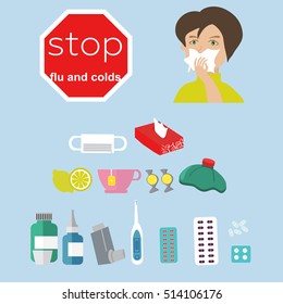 Collection of vector influenza and cold themed design elements in trendy flat design. Ideal for health and medical flu season themed infographics, web, brochures and other printables