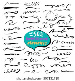 Collection vector ink borders and dividers. Handcrafted brush stroke, curl,swirls. Unique design elements set