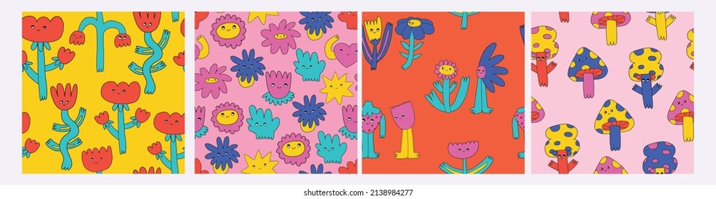 collection of vector interior seamless patterns in hippie style.70s and 60s funky and groove textile ornaments.Psychedelic patterns with flowers, mushrooms.Vintage 70s and 80s faded square posters.