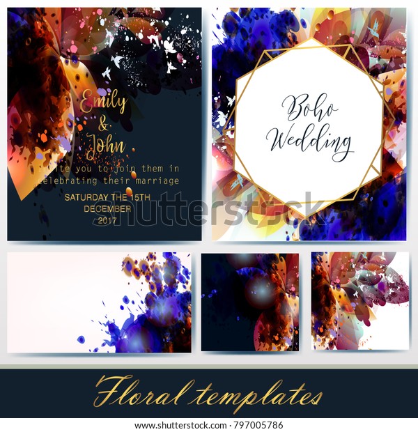 Collection of vector invitation templates with\
floral and spot\
elements