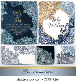 Collection of vector invitation templates with traditional Indian ornament