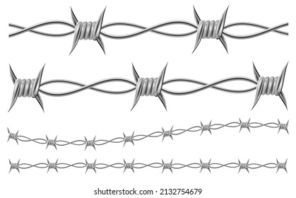 Collection of vector iron barbed wires. Sharp wire with highlights and shadows isolated on white background