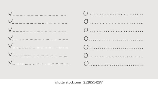 Coleção de vetor isolado contorno desenhado à mão cheque para fazer lista, marcador, marca de seleção e caixa de seleção em um estilo de desenho animado de desenho. Conjunto de notas em papel com plano de tarefas.