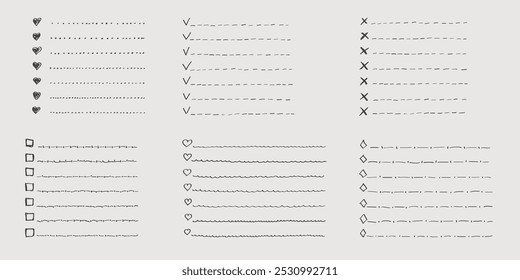 Coleção de vetor isolado contorno desenhado à mão cheque para fazer lista, marcador, marca de seleção e caixa de seleção em um estilo de desenho animado de desenho. Conjunto de notas em papel com plano de tarefas.