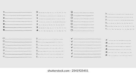 Coleção de vetor isolado contorno desenhado à mão cheque para fazer lista, marcador, marca de seleção e caixa de seleção em um estilo de desenho animado de desenho. Conjunto de notas em papel com plano de tarefas.