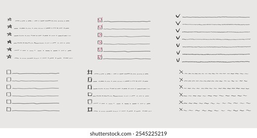 Coleção de vetor isolado contorno desenhado à mão cheque para fazer lista, marcador, marca de seleção e caixa de seleção em um estilo de desenho animado de desenho. Conjunto de notas em papel com plano de tarefas.