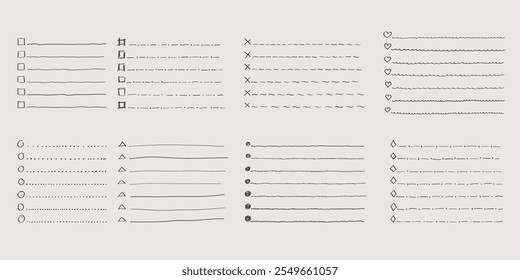 Coleção de vetor isolado contorno desenhado à mão cheque para fazer lista, marcador, marca de seleção e caixa de seleção em um estilo de desenho animado de desenho. Conjunto de notas em papel com plano de tarefas.