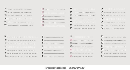 Coleção de vetor isolado contorno desenhado à mão cheque para fazer lista, marcador, marca de seleção e caixa de seleção em um estilo de desenho animado de desenho. Conjunto de notas em papel com plano de tarefas.