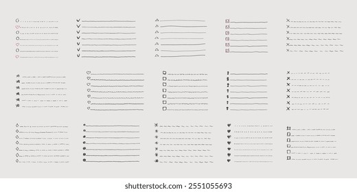 Coleção de vetor isolado contorno desenhado à mão cheque para fazer lista, marcador, marca de seleção e caixa de seleção em um estilo de desenho animado de desenho. Conjunto de notas em papel com plano de tarefas.