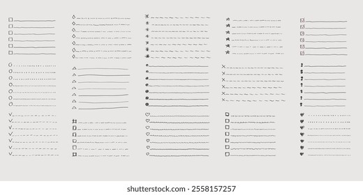 Collection of vector isolated outline hand drawn check to do list, bullet, check mark and check box in a doodle sketch cartoon style. Set of paper note with task plan.