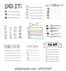 Collection Of Vector Isolated Outline Hand Drawn Check To Do List, Bullet, Check Mark And Check Box In A Doodle Sketch Cartoon Style. Set Of Paper Note With Task Plan.