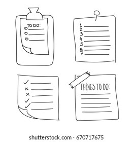 Collection of vector isolated outline hand drawn check to do list, bullet, check mark and check box in a doodle sketch cartoon style. Set of paper note, clip board with task plan and tape.