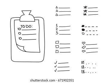 Collection of vector isolated outline hand drawn check to do list, bullet, check mark and check box, clipboard in a doodle sketch cartoon style. Clip board with paper note with task plan.