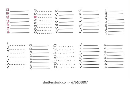 Collection of vector isolated outline hand drawn check to do list, bullet, check mark and check box in a doodle sketch cartoon style. Set of paper note with task plan.