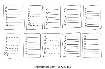 Collection Of Vector Isolated Outline Hand Drawn Check To Do List, Bullet, Check Mark And Check Box In A Doodle Sketch Cartoon Style. Set Of Paper Note With Task Plan.